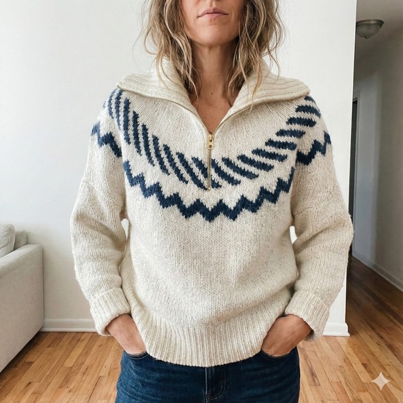 J. Crew Sweaters - J Crew Half-Zip Turtleneck Sweater Womens XS S Fair Isle Knit Cream Alpaca Blend